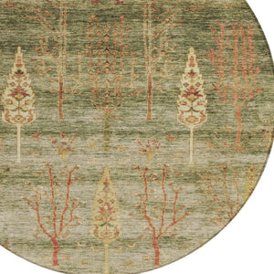 HomeRoots 8' Floral Round Area Rug in Artichoke Green & Rust - Durable, Washable for Indoor & Outdoor Use! 625980