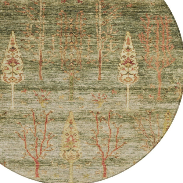 HomeRoots 8' Floral Round Area Rug in Artichoke Green & Rust - Durable, Washable for Indoor & Outdoor Use! 625980