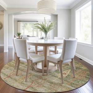 HomeRoots 8' Floral Round Area Rug in Artichoke Green & Rust - Durable, Washable for Indoor & Outdoor Use! 625980