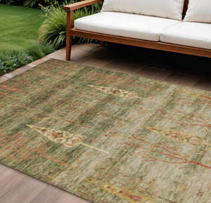 HomeRoots 8' X 10' Artichoke Green & Rust Floral Washable Rug - Durable Indoor/Outdoor Charm for Any Space 625981