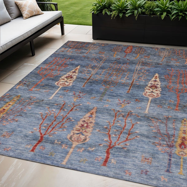 HomeRoots 5' Blue and Rust Floral Area Rug - Durable, Washable, Stylish for Indoor & Outdoor Spaces, 5'x8' 625991