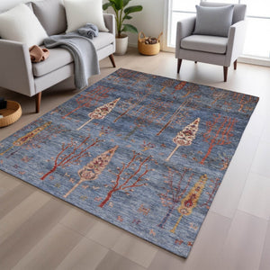 HomeRoots 5' Blue and Rust Floral Area Rug - Durable, Washable, Stylish for Indoor & Outdoor Spaces, 5'x8' 625991