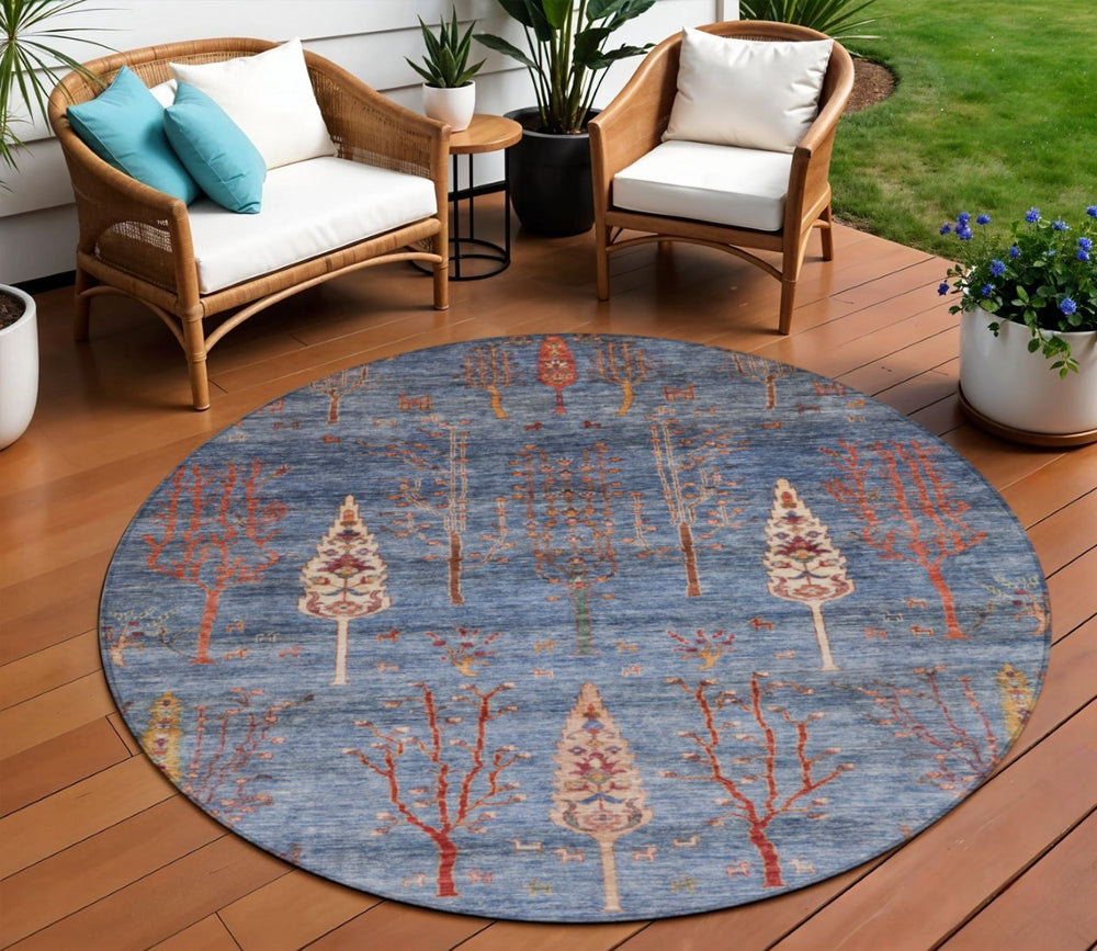 HomeRoots 8' Blue and Rust Round Floral Area Rug - Durable, Washable Indoor/Outdoor Design for All Spaces 625992