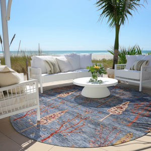 HomeRoots 8' Blue and Rust Round Floral Area Rug - Durable, Washable Indoor/Outdoor Design for All Spaces 625992