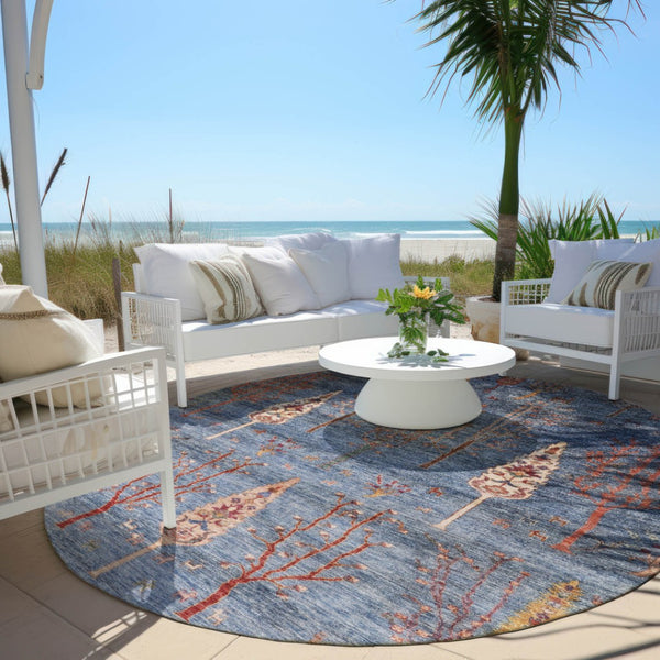 HomeRoots 8' Blue and Rust Round Floral Area Rug - Durable, Washable Indoor/Outdoor Design for All Spaces 625992
