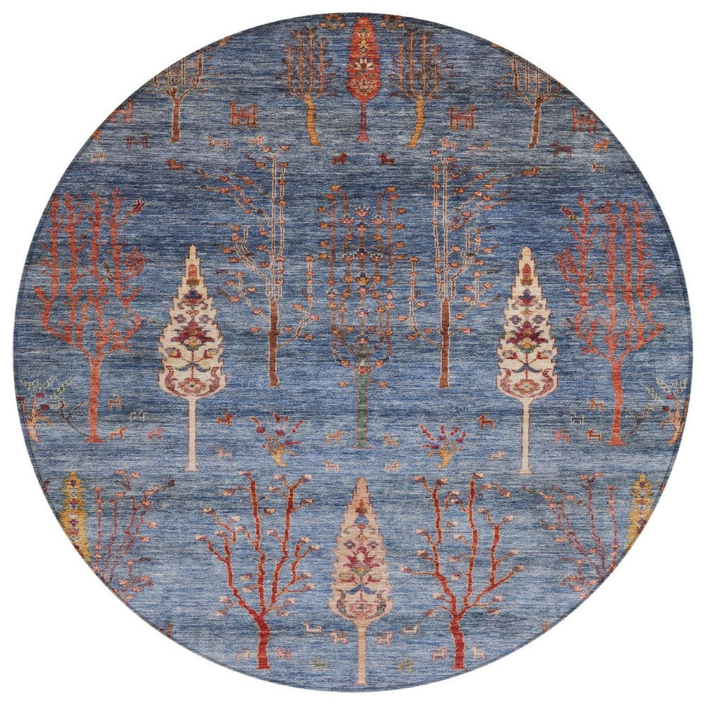 HomeRoots 8' Blue and Rust Round Floral Area Rug - Durable, Washable Indoor/Outdoor Design for All Spaces 625992