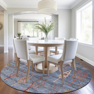 HomeRoots 8' Blue and Rust Round Floral Area Rug - Durable, Washable Indoor/Outdoor Design for All Spaces 625992