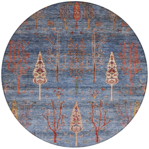 HomeRoots 8' Blue and Rust Round Floral Area Rug - Durable, Washable Indoor/Outdoor Design for All Spaces 625992