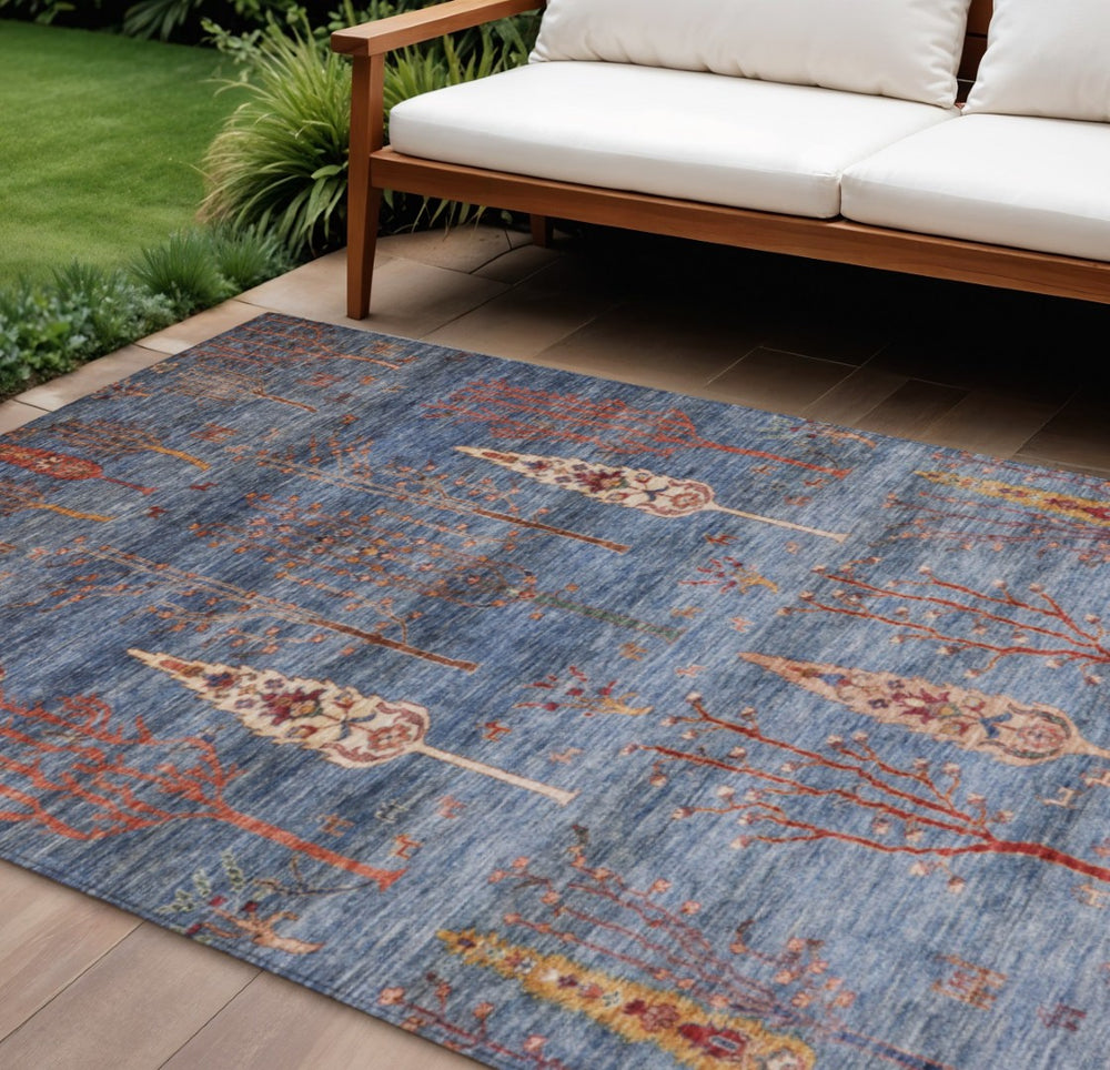 HomeRoots 10' Blue & Rust Floral Washable Area Rug - Durable Indoor/Outdoor Comfort for High-Traffic Spaces 625995