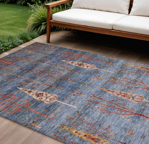 HomeRoots 10' Blue & Rust Floral Washable Area Rug - Durable Indoor/Outdoor Comfort for High-Traffic Spaces 625995
