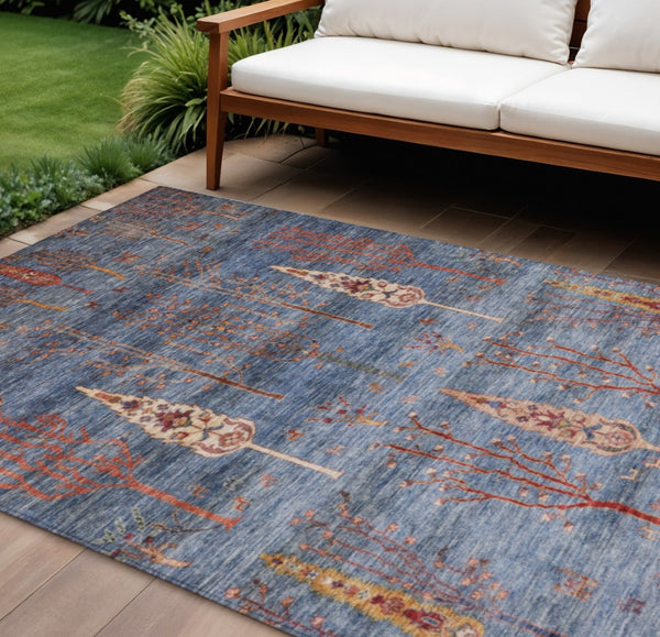 HomeRoots 10' Blue & Rust Floral Washable Area Rug - Durable Indoor/Outdoor Comfort for High-Traffic Spaces 625995