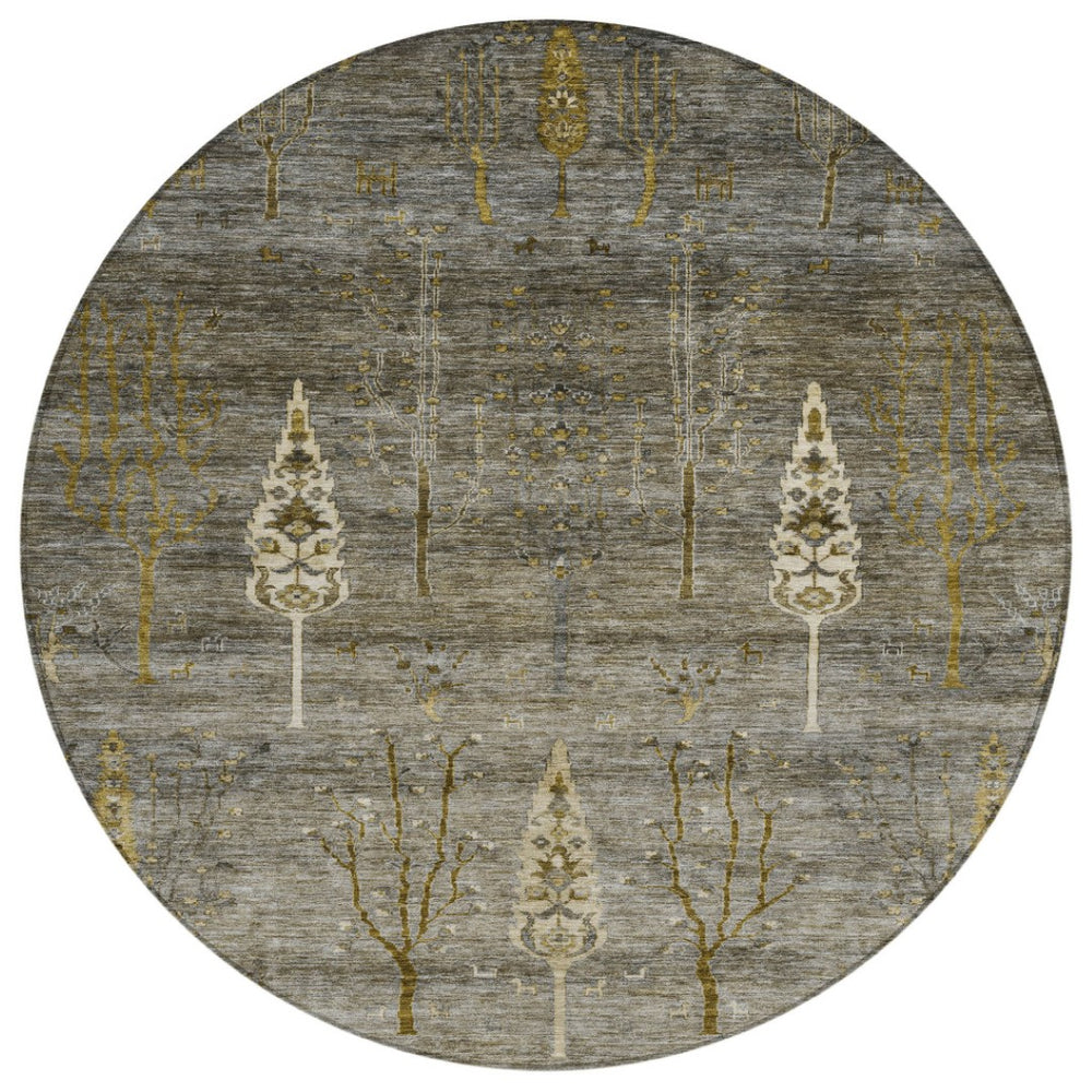 HomeRoots 8' Round Floral Pewter and Gold Area Rug - Washable, Durable, Indoor/Outdoor Charm for Any Space 625998
