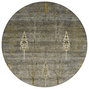 HomeRoots 8' Round Floral Pewter and Gold Area Rug - Washable, Durable, Indoor/Outdoor Charm for Any Space 625998
