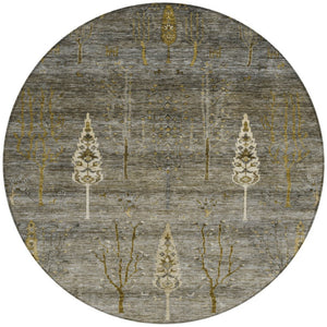 HomeRoots 8' Round Floral Pewter and Gold Area Rug - Washable, Durable, Indoor/Outdoor Charm for Any Space 625998