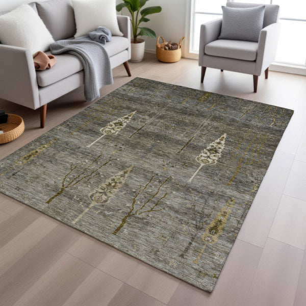 HomeRoots 8' X 10' Pewter and Gold Floral Area Rug - Durable, Washable, Indoor/Outdoor Perfect for High-Traffic Spaces 625999