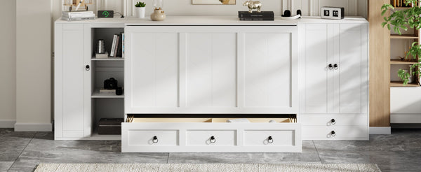 English Elm Queen Murphy Bed with Wardrobe Cabinets Built-in Usb Charging and Concealed Drawers White LP000590AAK