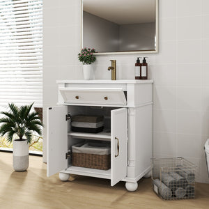 English Elm 27.8" Mid-century Freestanding Bathroom Vanity with Ceramic Sink Drawer and Wood Base White W1801S00006