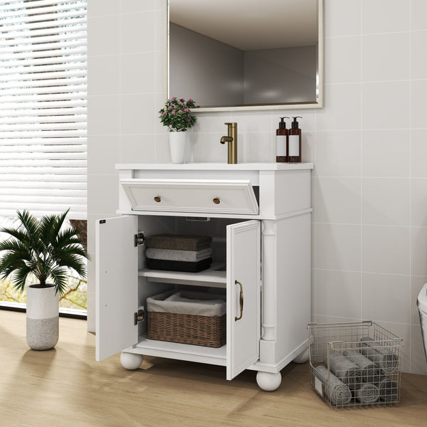English Elm 27.8" Mid-century Freestanding Bathroom Vanity with Ceramic Sink Drawer and Wood Base White W1801S00006
