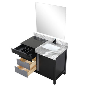 English Elm Black Bath Vanity Set With Castle Grey Marble Top, Matte Black Faucet & 34" Mirror For Modern Style B2731S01352