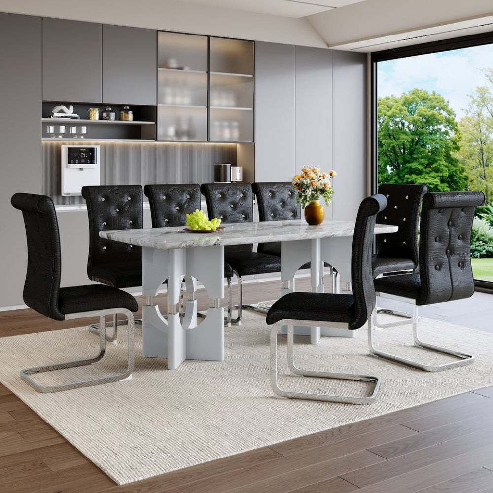 English Elm Modern 9 Piece Glam Dining Set Faux Marble Table Tufted Pvc Chairs Seats Eight Black,Grey W3875S00061
