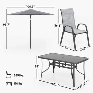 English Elm Modern Outdoor Dining Set 8 Piece Aluminum Mesh Chairs Glass Table with Umbrella T3971S00148