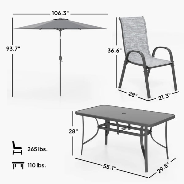English Elm Modern Outdoor Dining Set 8 Piece Aluminum Mesh Chairs Glass Table with Umbrella T3971S00148