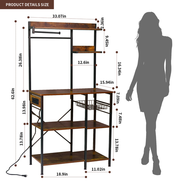 English Elm Bakers Rack with Power Outlet & USB, Microwave Stand with Pull-Out Basket, Coffee Bar Organizer W3204P354195