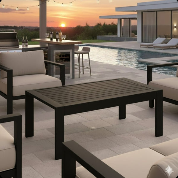 English Elm 43" Outdoor Coffee Table with Wood Grain Top on Powder Coated Iron for Patio Lounging Black B082P455114