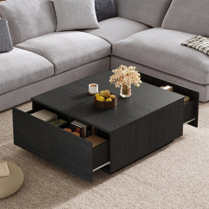 English Elm 33.25" Square Storage Coffee Table Four Drawer Matte Mdf Living Room Centerpiece Black N735P422508B
