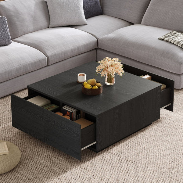 English Elm 33.25" Square Storage Coffee Table Four Drawer Matte Mdf Living Room Centerpiece Black N735P422508B
