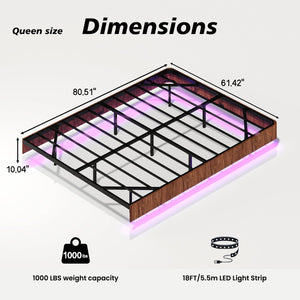 English Elm Walnut Queen Floating Bed Frame with LED Lighting, Wave-Texture MDF & Heavy-Duty Iron Slats — No Box Spring Needed, 1000LB Capacity W1820P333574