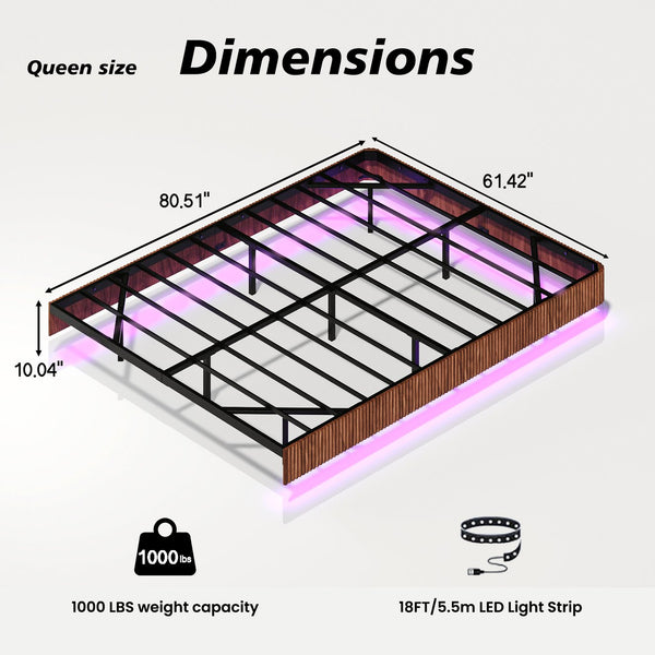 English Elm Walnut Queen Floating Bed Frame with LED Lighting, Wave-Texture MDF & Heavy-Duty Iron Slats — No Box Spring Needed, 1000LB Capacity W1820P333574