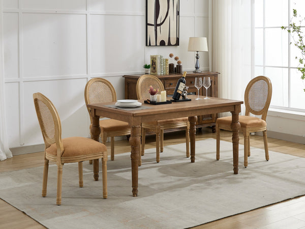 English Elm A&A French Style Dining Chairs Set Of 2 - Antique Wood Frame, Linen Fabric, Rattan Back, Tan Elegance W1143P323325