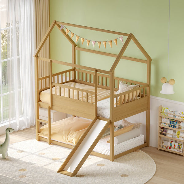 English Elm House Twin Bunk Bed with Built-In Slide and 3-Stage Ladder, Pine French Design with High Guardrail Safety Natural Wood W1858P241096