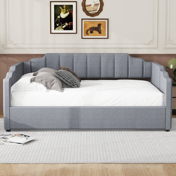 English Elm Upholstered modern daybed with under-bed storage drawers, full-size platform frame for guests Gray DL002033AAE