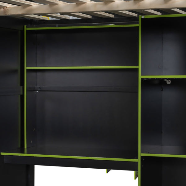 English Elm Full Size Loft Bed with Rgb Lighting Desk Open Wardrobe and Storage for Gaming Rooms Green LT000277AAG