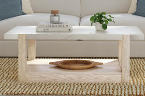 Basset Mirror Newport Coastal Modern Rectangular Cocktail Table With White Marble Top & Sun-bleached Finish Legs White Wood,Marble 6260-lr-100