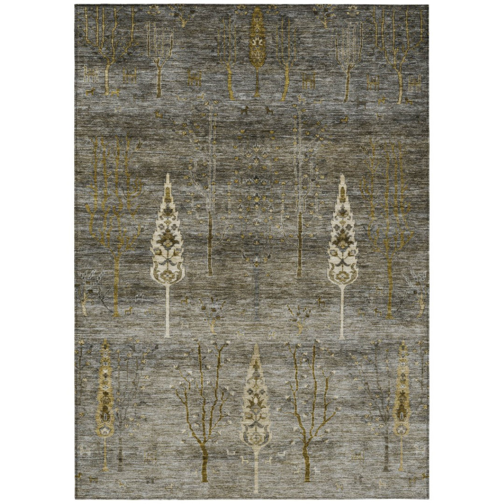 HomeRoots 10' Stylish Pewter & Gold Floral Area Rug – Washable, Indoor/Outdoor, Durable, Perfect for High Traffic! 626001