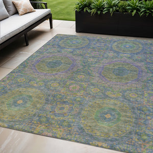 HomeRoots 5' Vibrant Blue and Green Medallion Area Rug - Washable, Durable, Indoor/Outdoor, Stylish Design! 626003