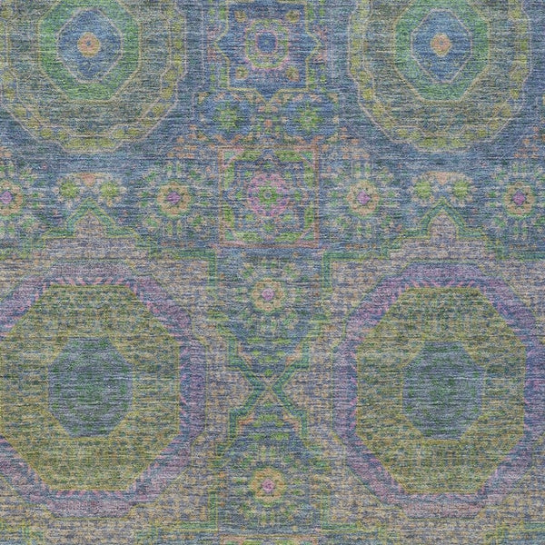HomeRoots 5' Vibrant Blue and Green Medallion Area Rug - Washable, Durable, Indoor/Outdoor, Stylish Design! 626003