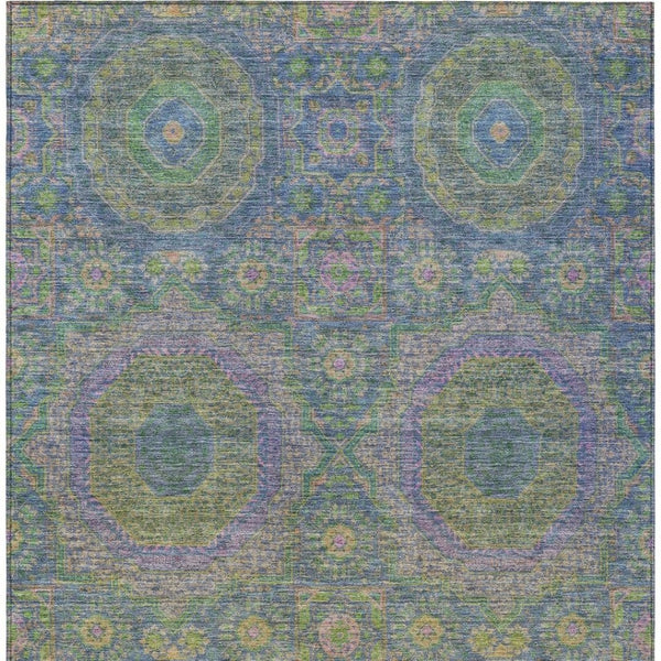 HomeRoots 5' Vibrant Blue and Green Medallion Area Rug - Washable, Durable, Indoor/Outdoor, Stylish Design! 626003