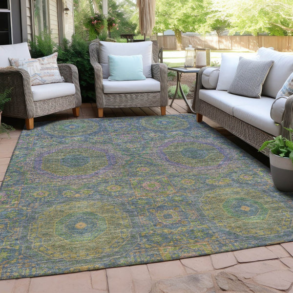 HomeRoots 5' Vibrant Blue and Green Medallion Area Rug - Washable, Durable, Indoor/Outdoor, Stylish Design! 626003
