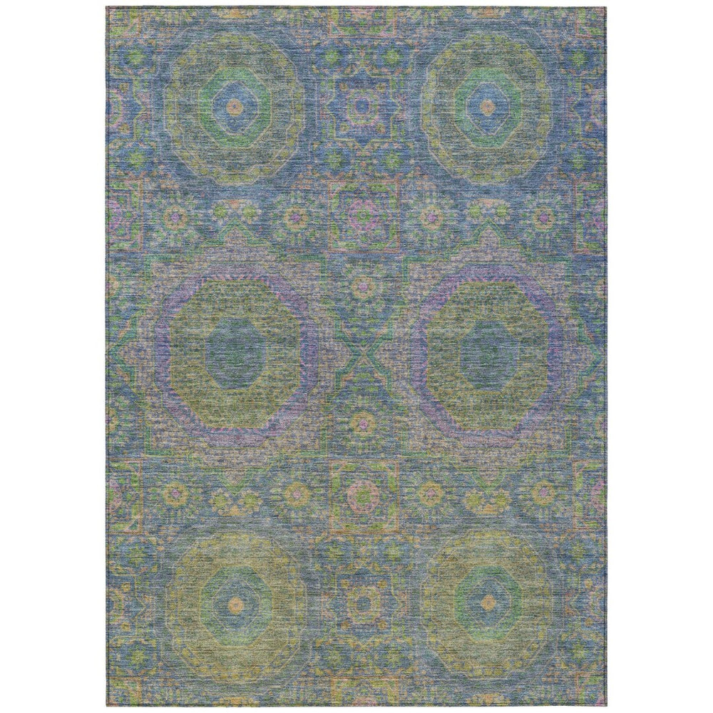HomeRoots 5' Vibrant Blue and Green Medallion Area Rug - Washable, Durable, Indoor/Outdoor, Stylish Design! 626003