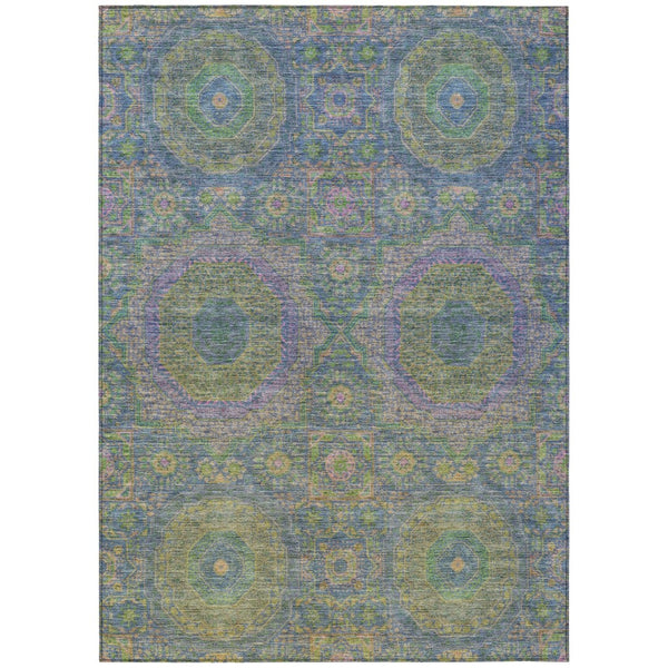 HomeRoots 5' Vibrant Blue and Green Medallion Area Rug - Washable, Durable, Indoor/Outdoor, Stylish Design! 626003