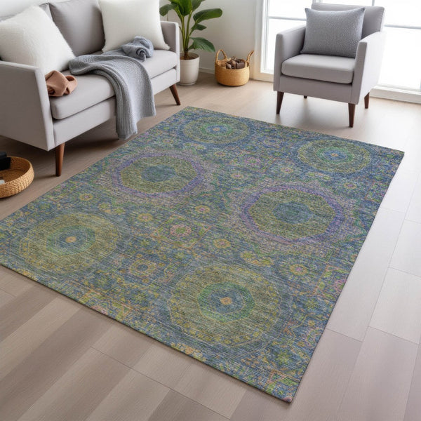 HomeRoots 5' Vibrant Blue and Green Medallion Area Rug - Washable, Durable, Indoor/Outdoor, Stylish Design! 626003