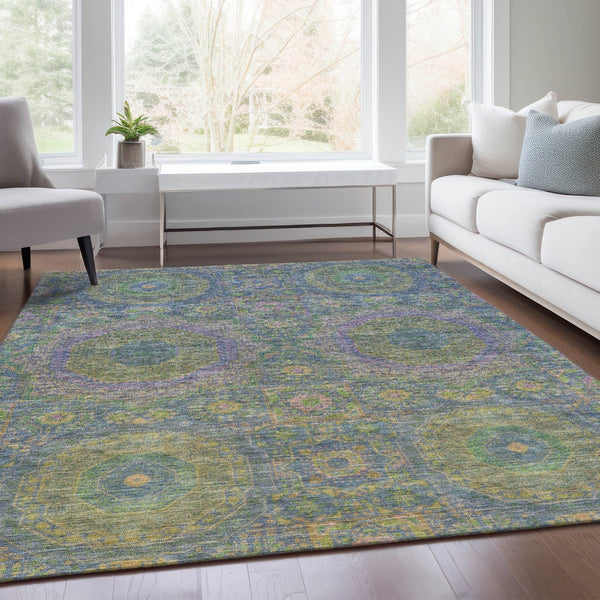 HomeRoots 5' Vibrant Blue and Green Medallion Area Rug - Washable, Durable, Indoor/Outdoor, Stylish Design! 626003