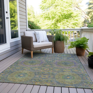 HomeRoots 5' Vibrant Blue and Green Medallion Area Rug - Washable, Durable, Indoor/Outdoor, Stylish Design! 626003