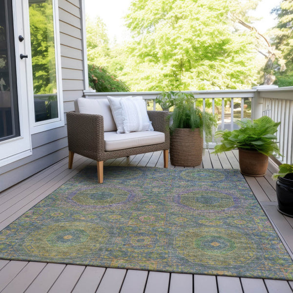 HomeRoots 5' Vibrant Blue and Green Medallion Area Rug - Washable, Durable, Indoor/Outdoor, Stylish Design! 626003
