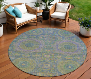 HomeRoots 8' Blue and Green Round Medallion Area Rug - Stylish, Washable, Durable for Indoor & Outdoor Use! 626004