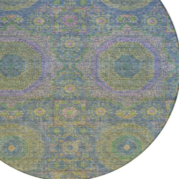 HomeRoots 8' Blue and Green Round Medallion Area Rug - Stylish, Washable, Durable for Indoor & Outdoor Use! 626004